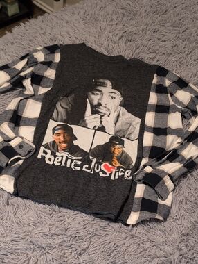 Graphic Tupac Flannel-Sleeve Shirt in Black, White & Navy